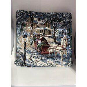 Vintage Winter Christmas Holiday Tapestry Throw Pillow Horse Sleigh Ride 15"x15"